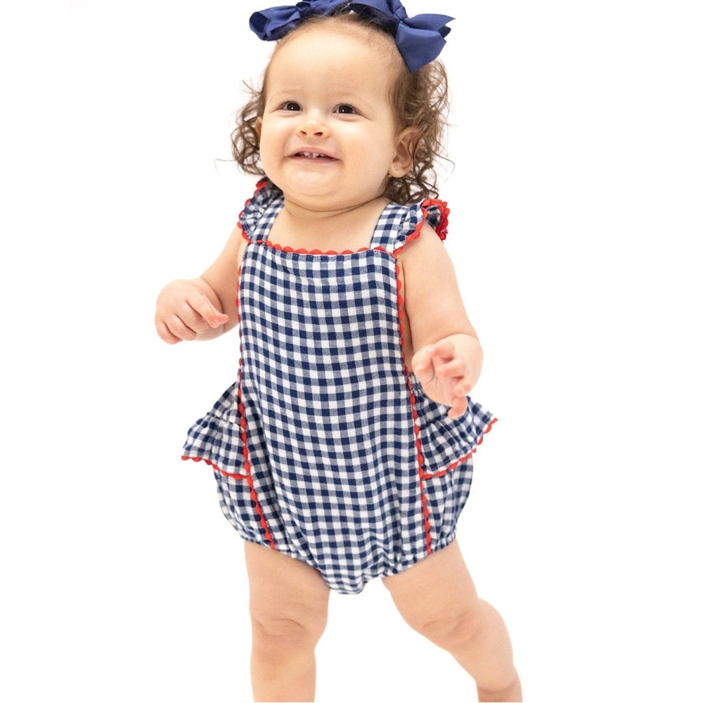 Angel Dear Navy Gingham Ric-Rac Ruffle Onesie - 3M